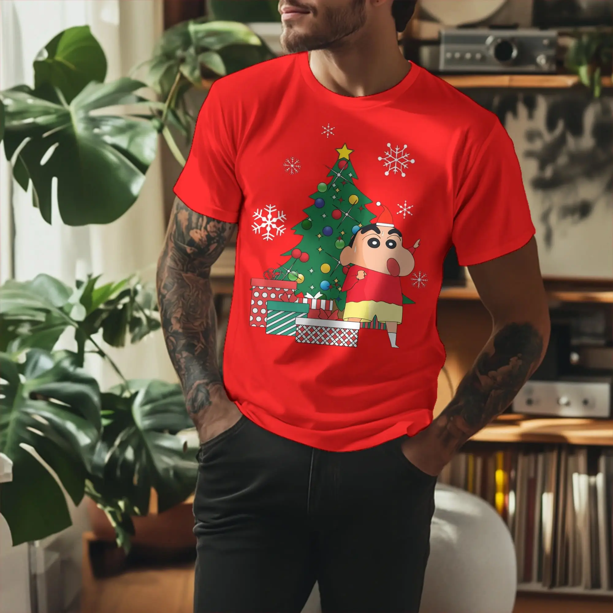 Crayon Shin-chan Around The Christmas Tree T Shirts Men Women 100% Cotton Funny T-Shirts O Neck  Tees Short Sleeve Clothes