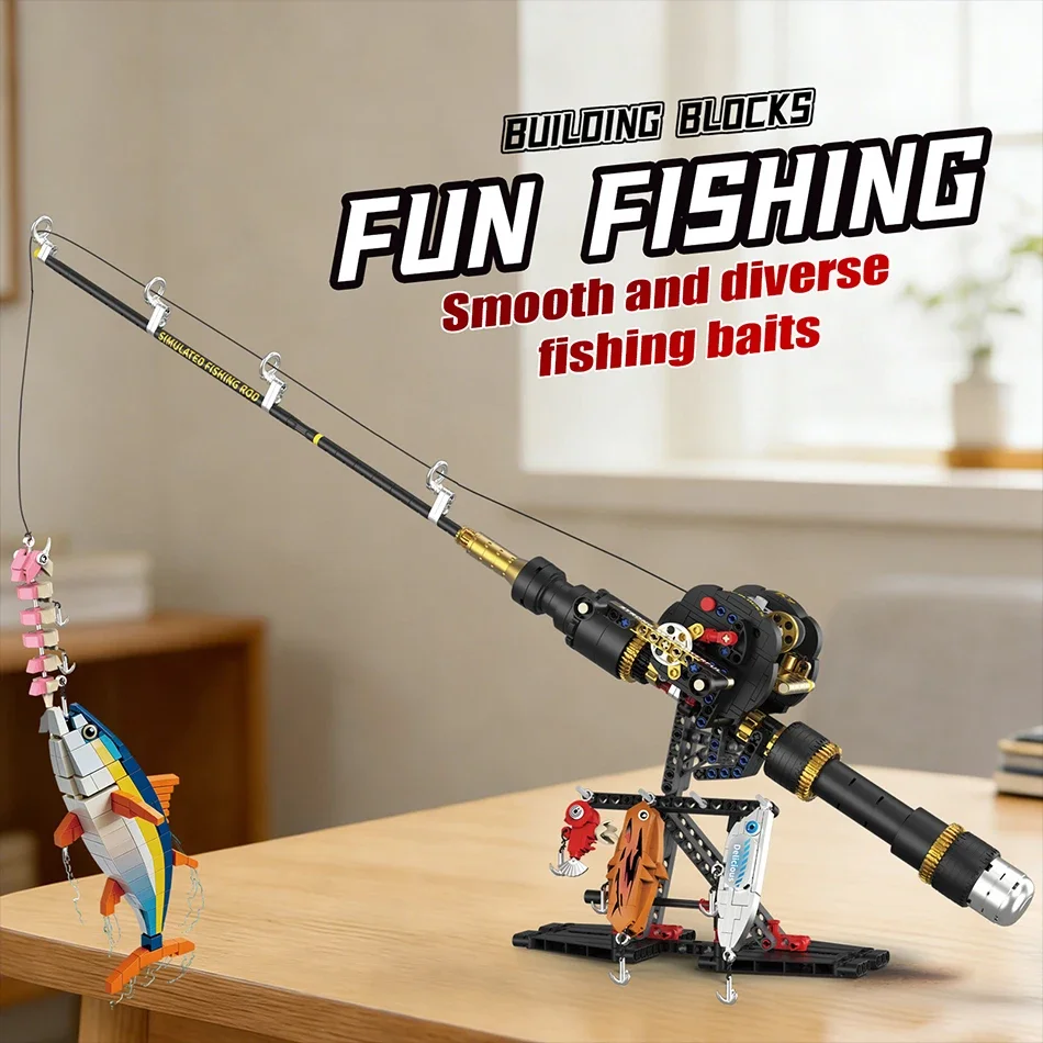

Roller Bow Fishing Building Blocks Set Outdoor Simulation Toy DIY Assembly Bricks Educational Model For Kids Boys Fishers Gifts
