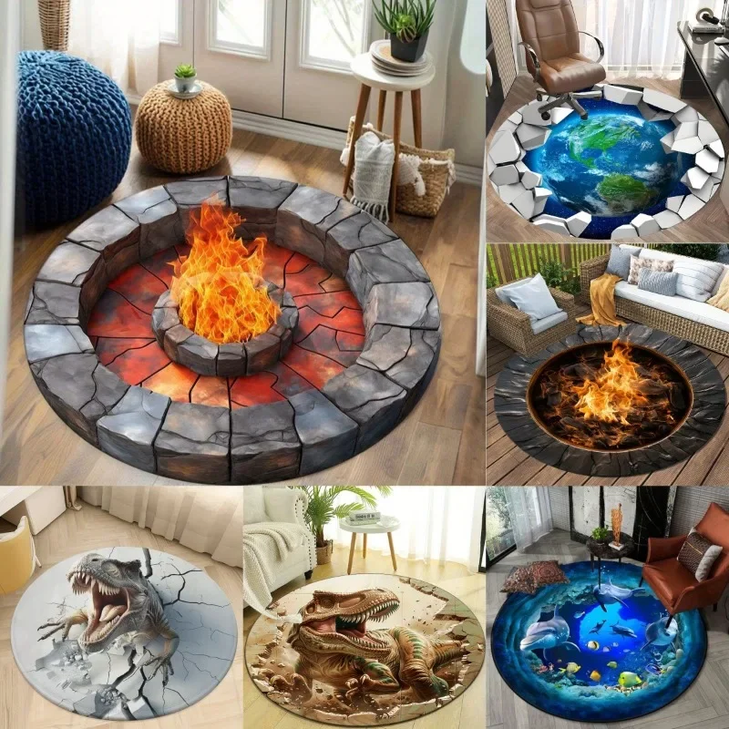 3D Round Carpet Gorilla Stone and Flame Earth Moon Floormat Dolphin Ocean Panda Swirl Dinosaur Bedroom Living Room Non-slip rug