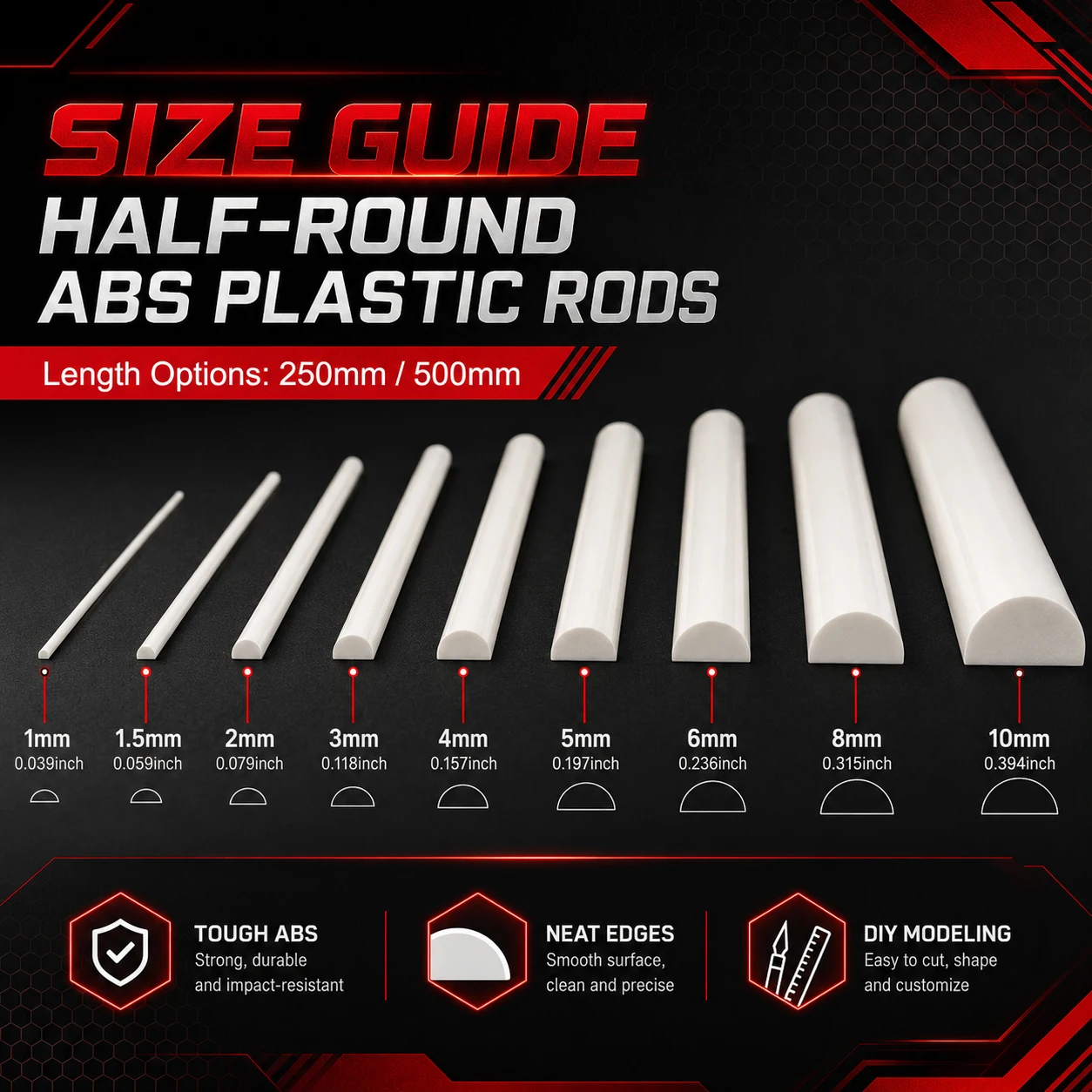 9/10 Pcs ABS Half Round Rods 250/500mm Semi-Circular DIY Model Building Architectural Sand Table