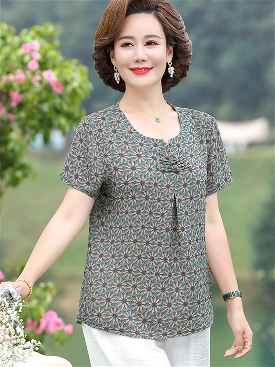 5XL Women Spring Summer Blouses Shirts Lady Fashion Casual Short Sleeve O-Neck Flower Printing Blusas Tops TT2120