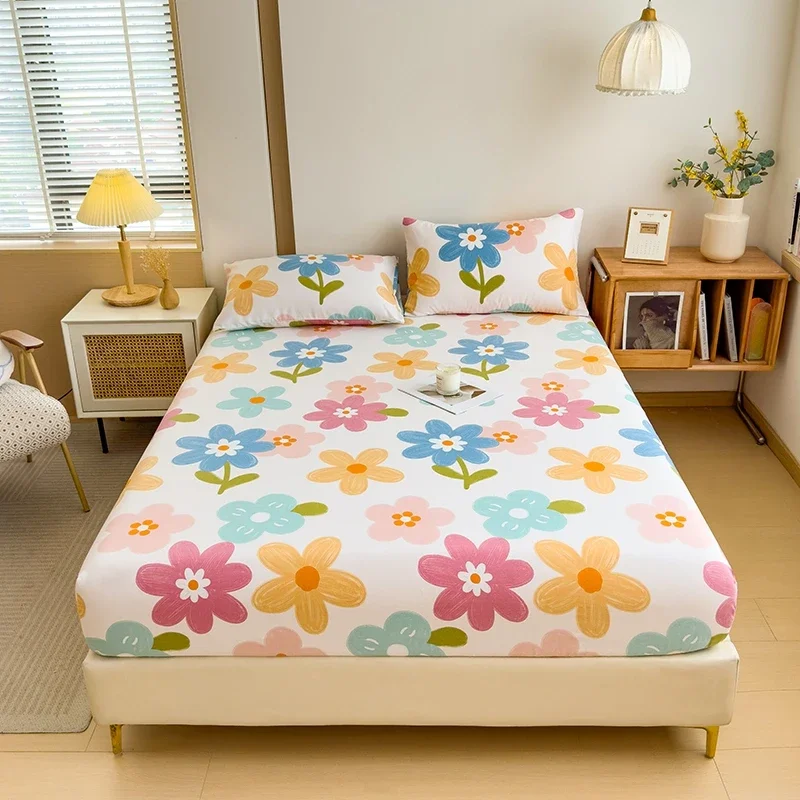 Colorful Floral Fitted Sheet Set 100% Cotton Thickened Flowers Printed Bedding Set Soft Breathable Deep Pocket Mattress Cover