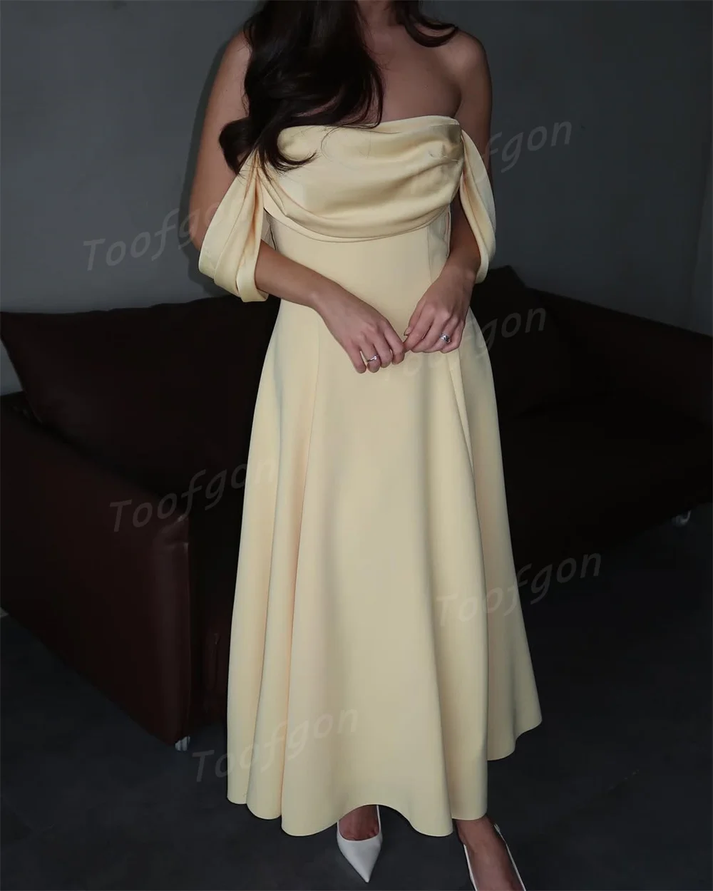 Toofgon élégant une ligne robes de soirée en Satin épaules dénudées jaune femmes robes de bal longueur cheville robe de soirée formelle personnalisée