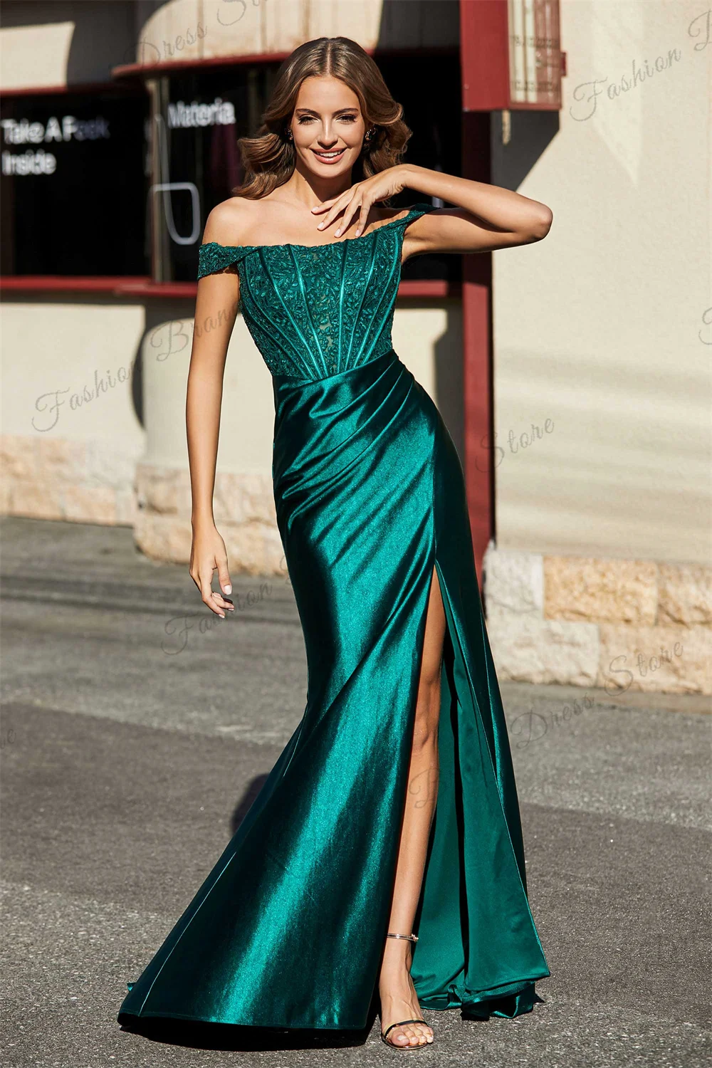 

Satin Off-the-shoulder Strapless Mermaid Prom Dresses With Split Sleeveless Lace Appliques Formal Party Corset Long Evening Gown