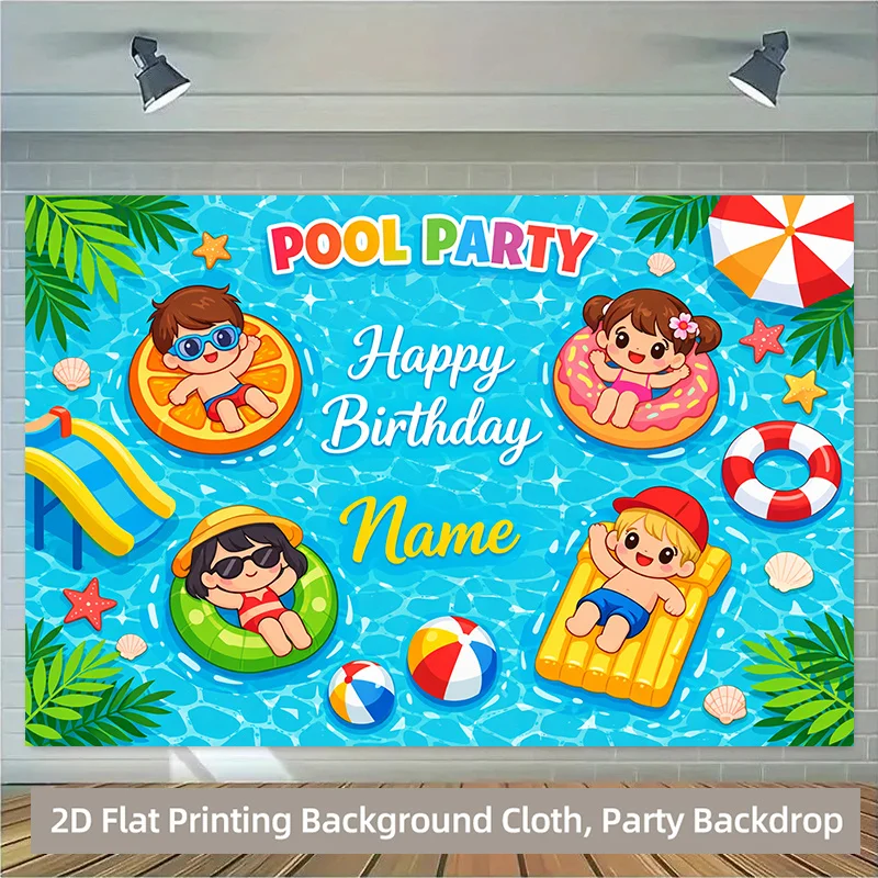 2D-Hintergrundstoff, Polyester-Hintergrundstoff für eine fröhliche Geburtstagsfeier bei einer Schwimmparty, Partybanner