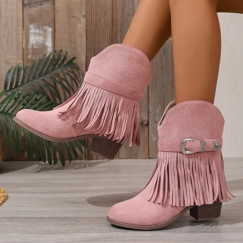 Botas de vaquera vintage de gamuza con flecos para mujer, punta redonda, hebilla metálica, tacón de bloque, estilo cowboy, sin cordones, Botas Feminina