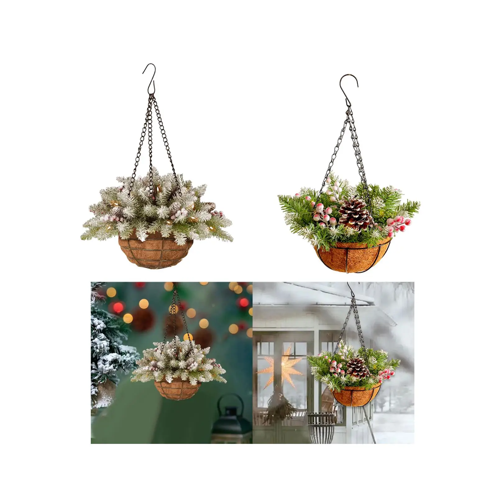 Artificial Christmas Hanging Basket Delicate Collection Display with String Lights for Courtyard Festival Garden Holiday Yard