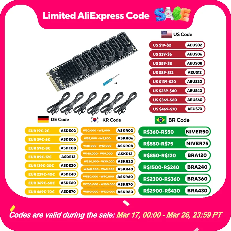 M.2 NVME PCI-E PCIE X4 X8 X16 To 6 Port 3.0 SATA Adapter Card Riser III 6GB/S Chassis server PC Expansion+6PCS 3.0 SATA CABLE