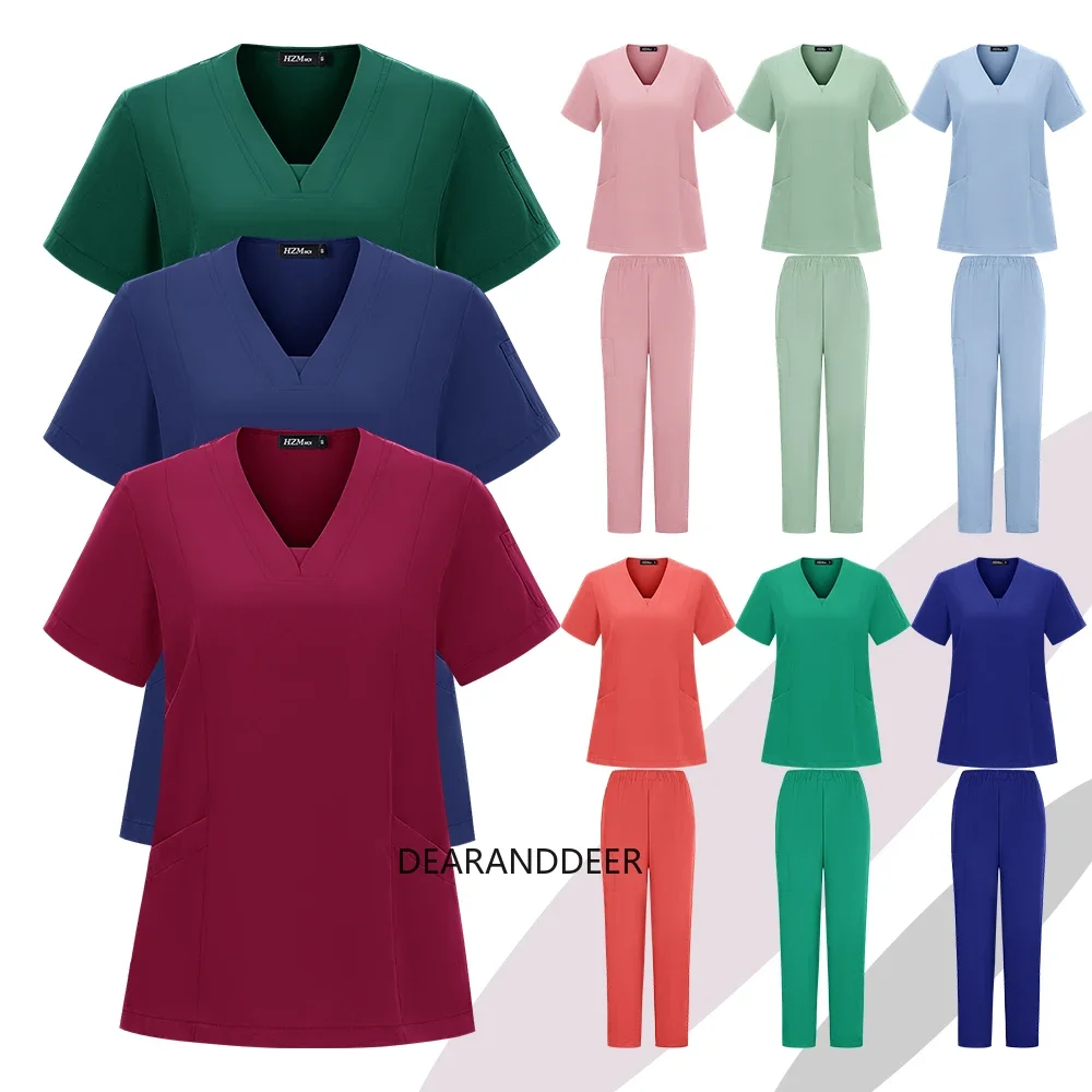 Unisex V-neck clinical lab coat with pockets and matte finish, straight-leg athletic pants for doctor dentist  nurse uniforms