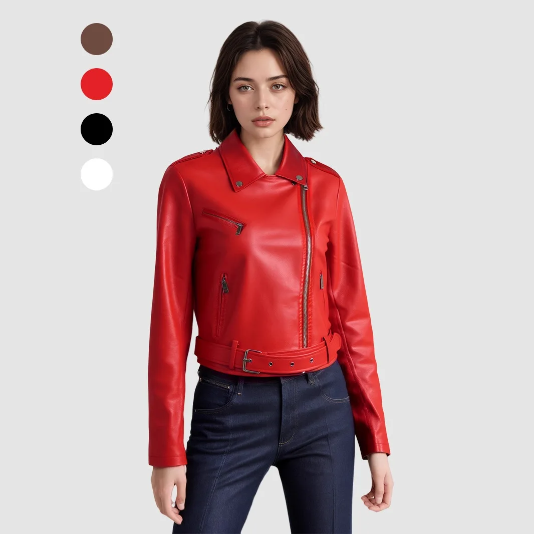2025 Spring and Autumn Lapel Short Belt Women's Shirt Simple Leather Jacket Motorcycle Coat