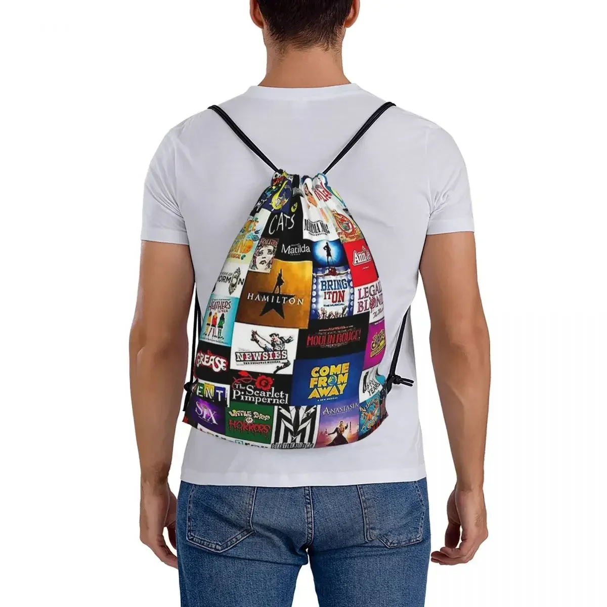 Broadway Show Logo Collage Mochilas, sacos de cordão portáteis Bundle Pocket Storage Bag, Bookbag para homens e mulheres, estudantes