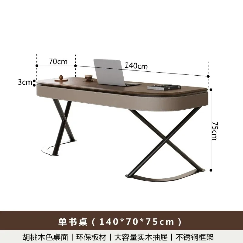 Contemporary Solid Wood Writing Desk Walnut Finish Saddle Leather Modern Computer Table for Home Study