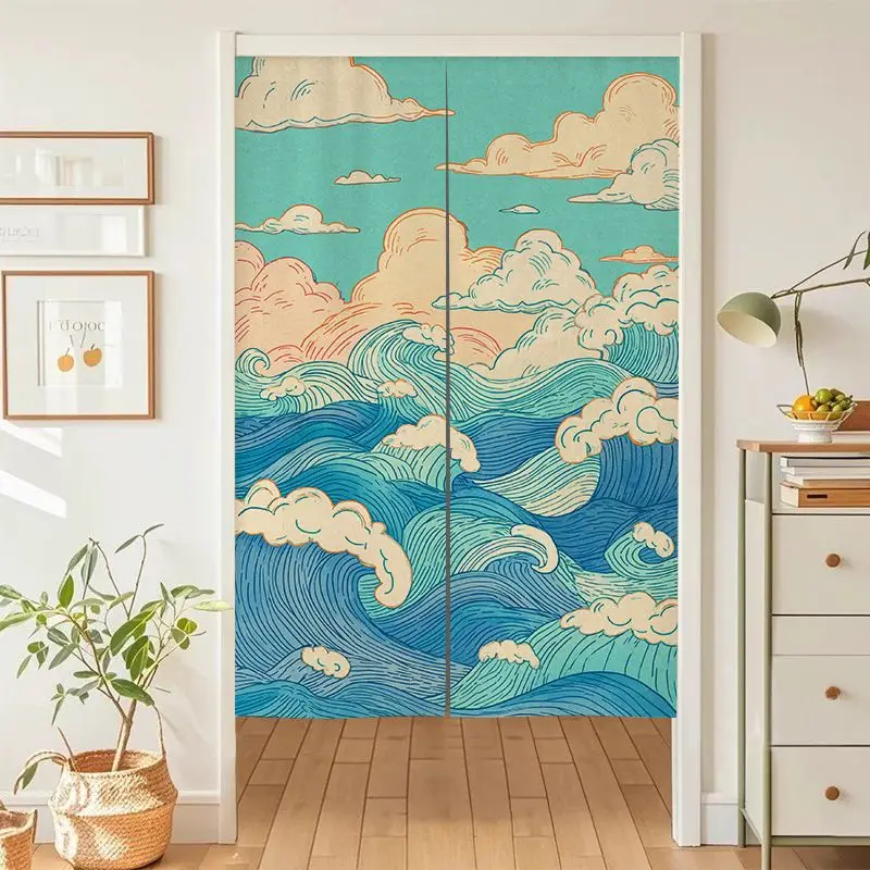 VIKAMA Oriental Wave Half-Door Curtain, Ukiyo-e Clouds and Ocean Fabric Room Divider Curtain, Entryway Curtain, Home Decor