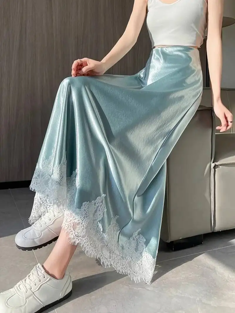 

Французская элегантная атласная юбка-русалка для женщин, весна-лето, с кружевными вставками, облегающая бедра, длинная, А-силуэт, для офиса, корейский стиль, 7JKJ