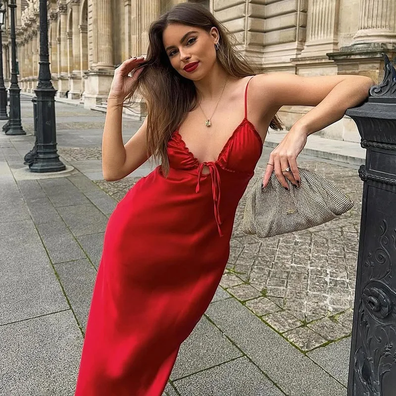 

Ticketsx Sexy Satin Lace Up Dress Solid Fashion Plunge Ruched Patchwork Sling Dress Women Backless Luxury Party Evening Dresses