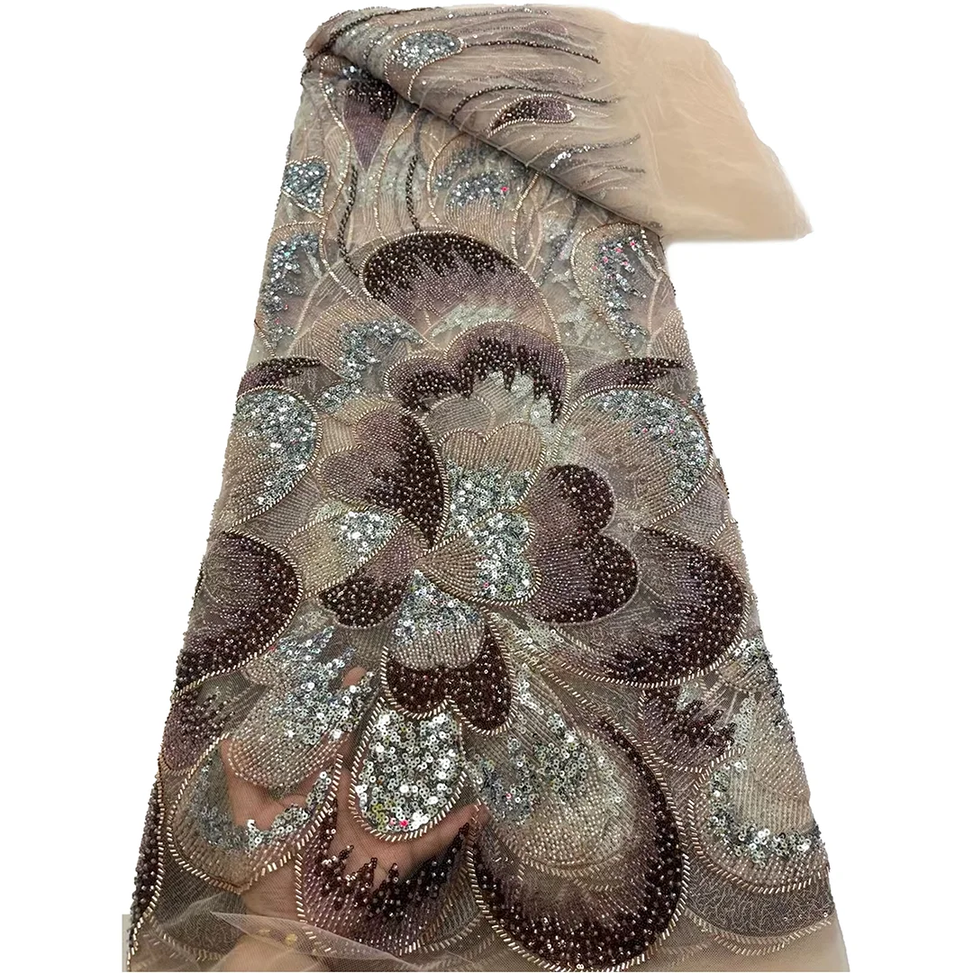 2025 Newest Sequins Embroidery Beaded Lace Fabric High Quality Party Tulle Lace Nigerian Wedding Bridal Dresses Lace Materials