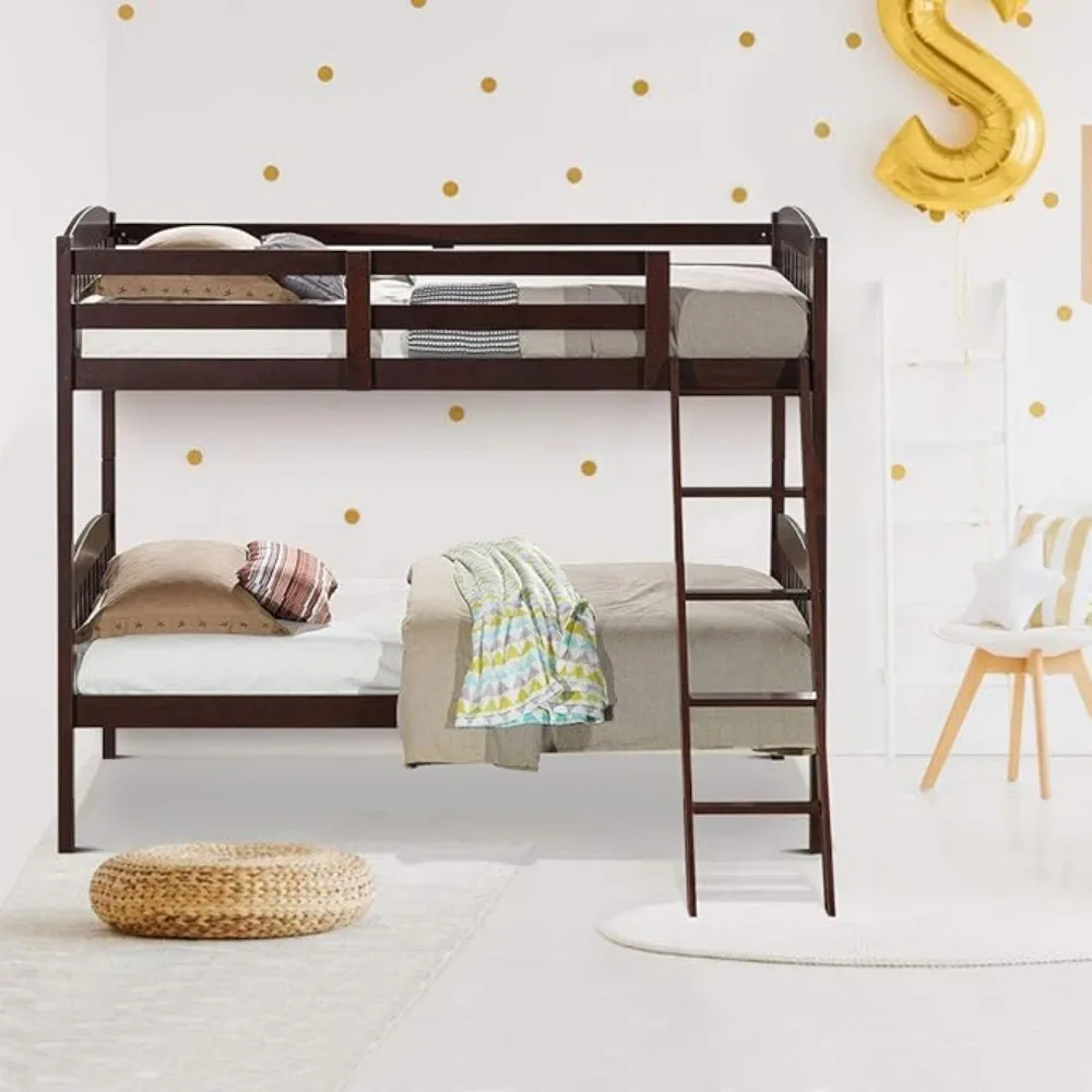 Over Bunk Beds, Convertible Into Two Individual Solid Rubberwood Beds,  Bedroom Furniture w/Ladder and Safety Rail