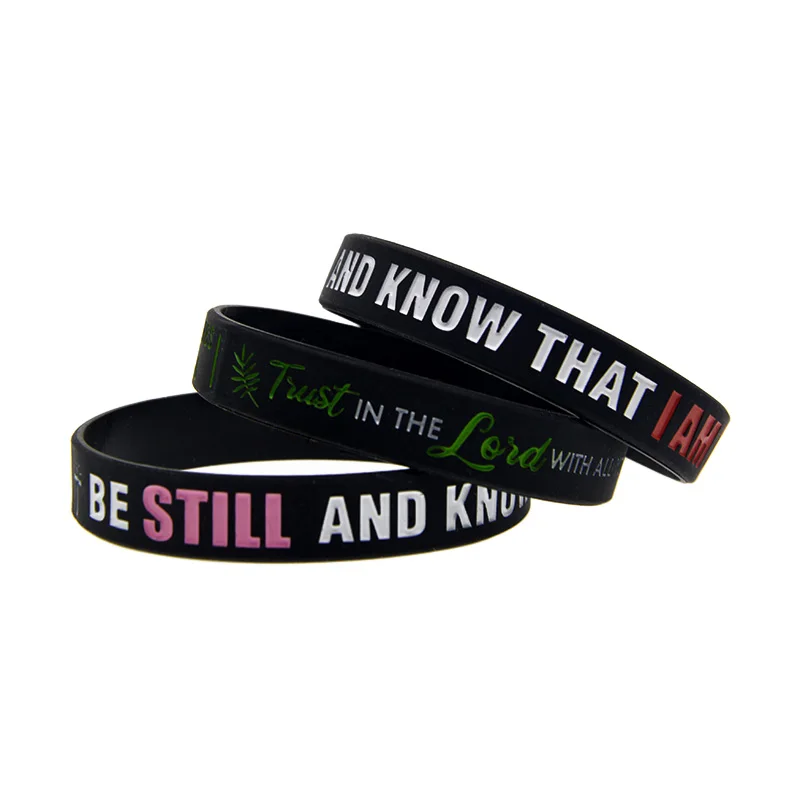 50 Stück PSALM 46:10 SPRÜCH 3:5.6 Silikon-Armband Jesus Handband Schwarz – Detail 7