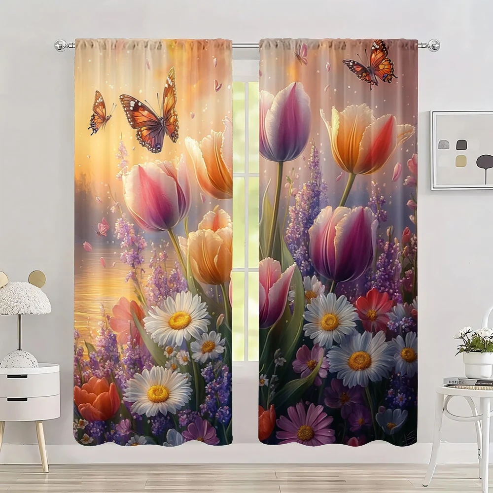 

2pc, Colorful Curtain Beautiful flowers Versatile Polyester Fabric,Without Electricity Family Party Decoration Perfect for