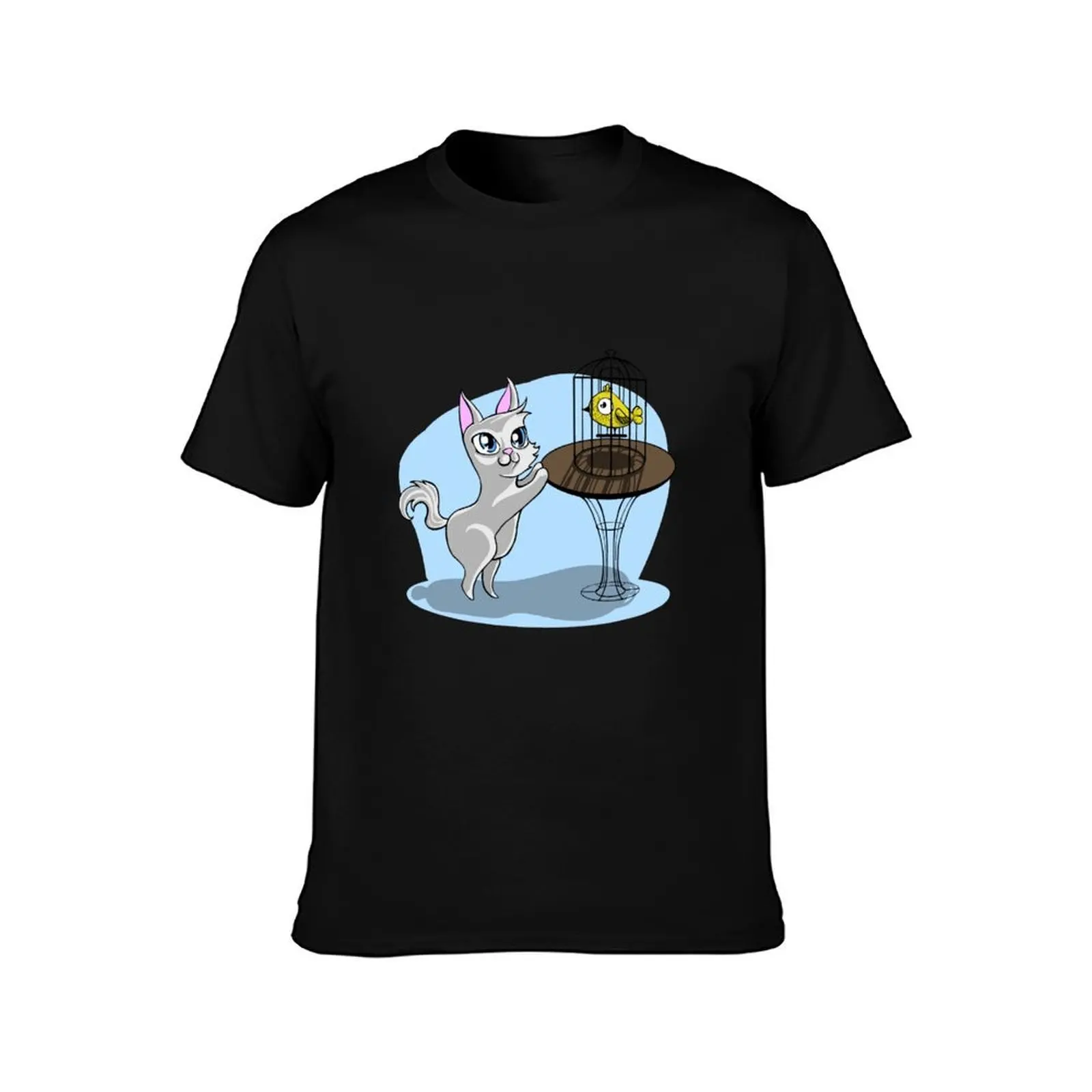 bird cage and cat T-Shirt, Summer Casual Cotton Tee, Oversized Streetwear Tops, Vintage Graphic Print, Loose Fit Short Sleeve