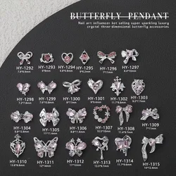10Pcs Zircon Pink Nail Art Charms 3D Luxury Bow Heart Butterfly Inlaid Pink Diamond Rhinestone Decoration DIY Manicure Parts