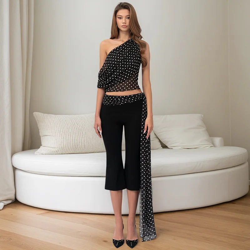 

Polka Dots Print 2 Piece Set Women Sexy Ruched Inclined Shoulder Sheer Mesh Tank Crop Top + Ribbon Patchwork Flared Capris Pants