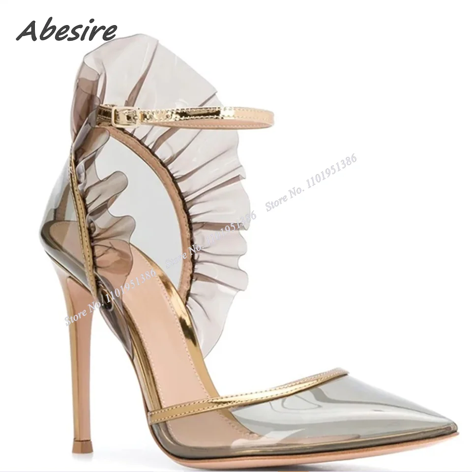 

Abesire Clear PVC Pumps Pleated Ankle Buckle Shallow Pumps Pointed Toe High Heels Woman Spring Big Size Shoes Zapatillas Mujer