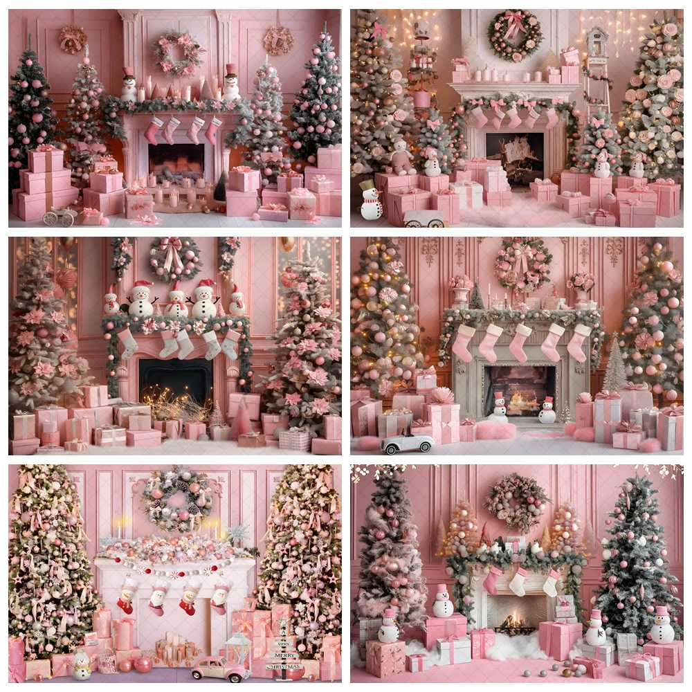 

Christmas Pink Vintage Wall Backdrop for Photography Fireplace Xmas Tree Wreath Gift Box Girl Princess Photo Background