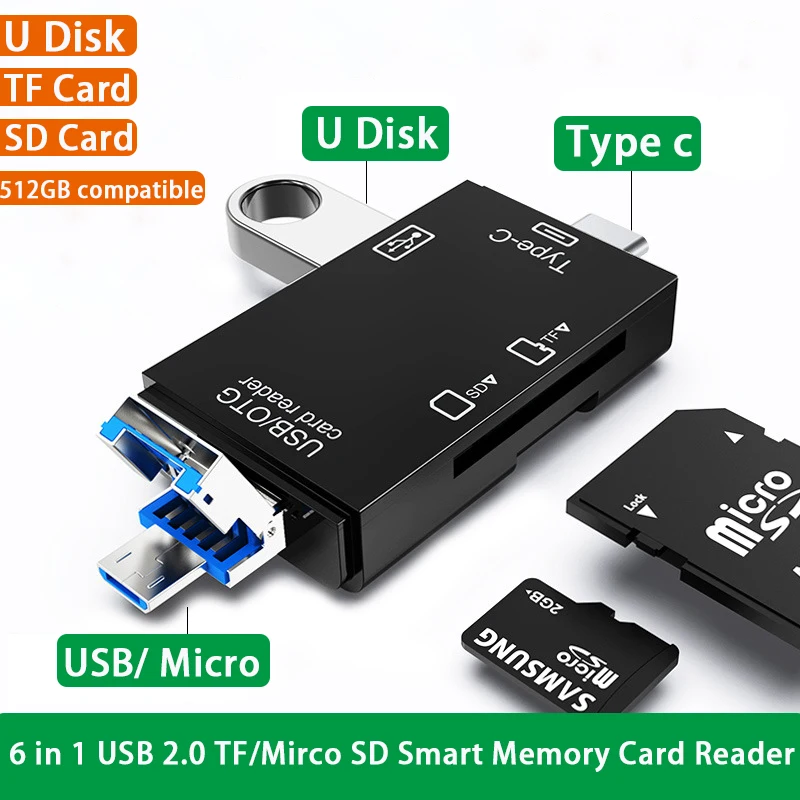 

6 in 1 SD Card Card Reader USB 2.0 TF/Mirco SD Smart Memory Card Reader Type C OTG Flash Drive Cardreader 2 in 1 SD Card Adapter