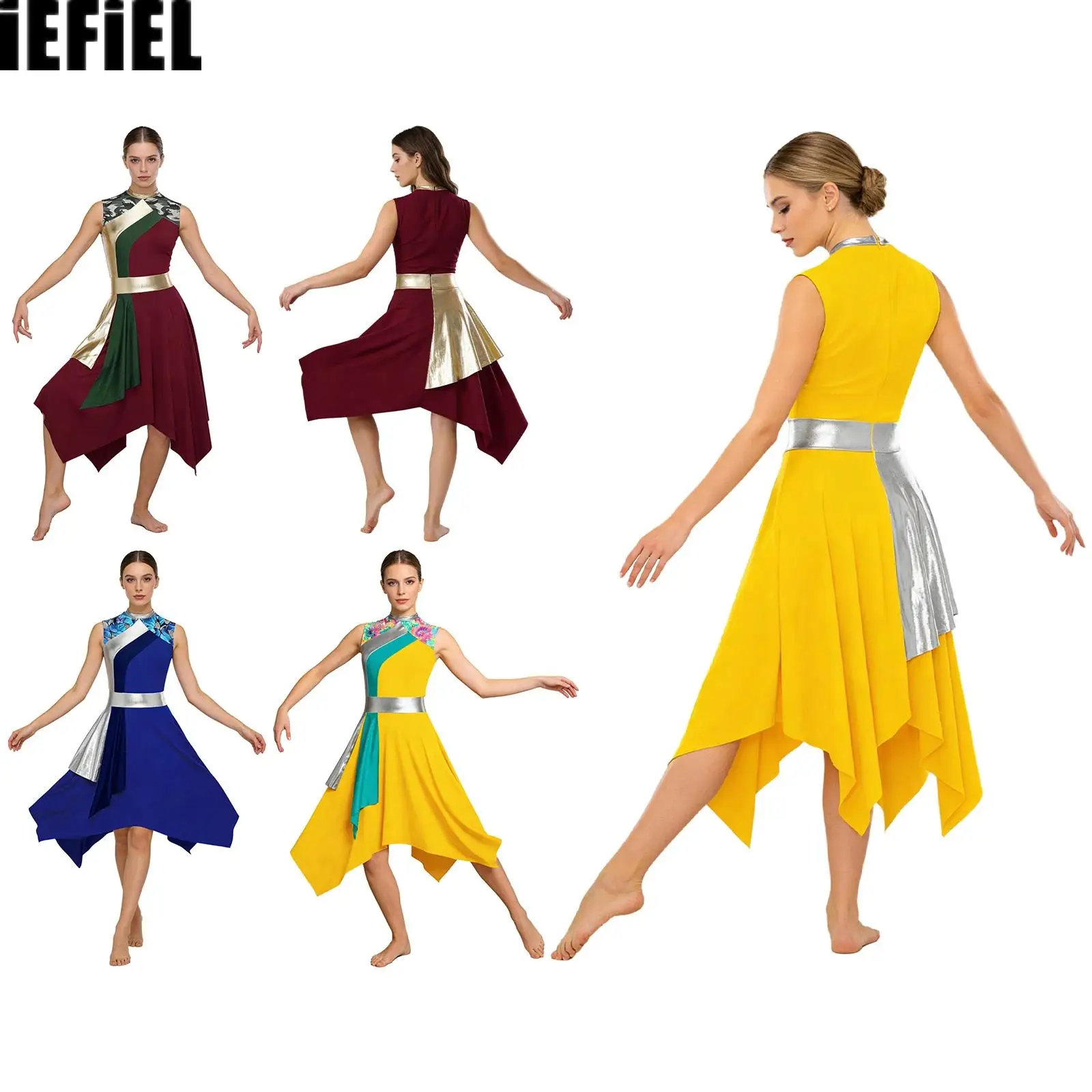 

Женское платье для лирического танца в стиле пэчворк, блестящее, с асимметричным подолом, воротником-стойкой и молнией на спине, туника для богослужений и церкви