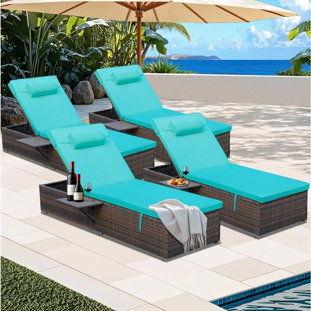 

Outdoor Rattan Chaise Lounge Set of 4, with Cushions, Head Pillows, PE Wicker Patio Reclining Sunbathing Chaise Lounge Chairs