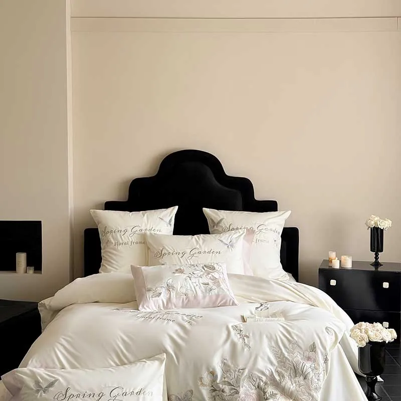 Luxury Bedding Set, Chic Butterfly Flowers Embroidery, 100% Cotton, Princess Duvet Cover, Fitted Sheet, Bed Sheet, Pillowcases