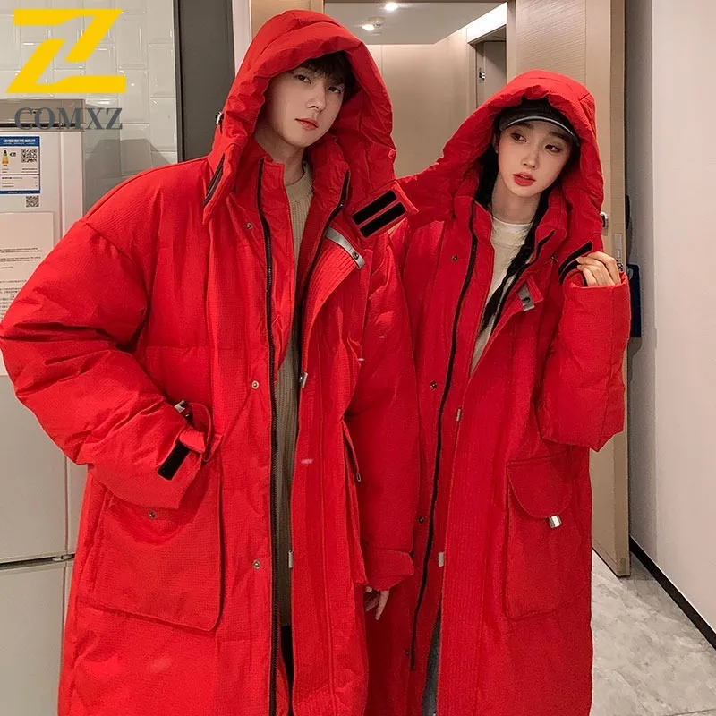 COMXZ Men's Cotton Padded Jacket 2025 Hong Kong Loose Long Thick Warm Street Padding Coat Traveling Cold-Resistant Padded Jacket