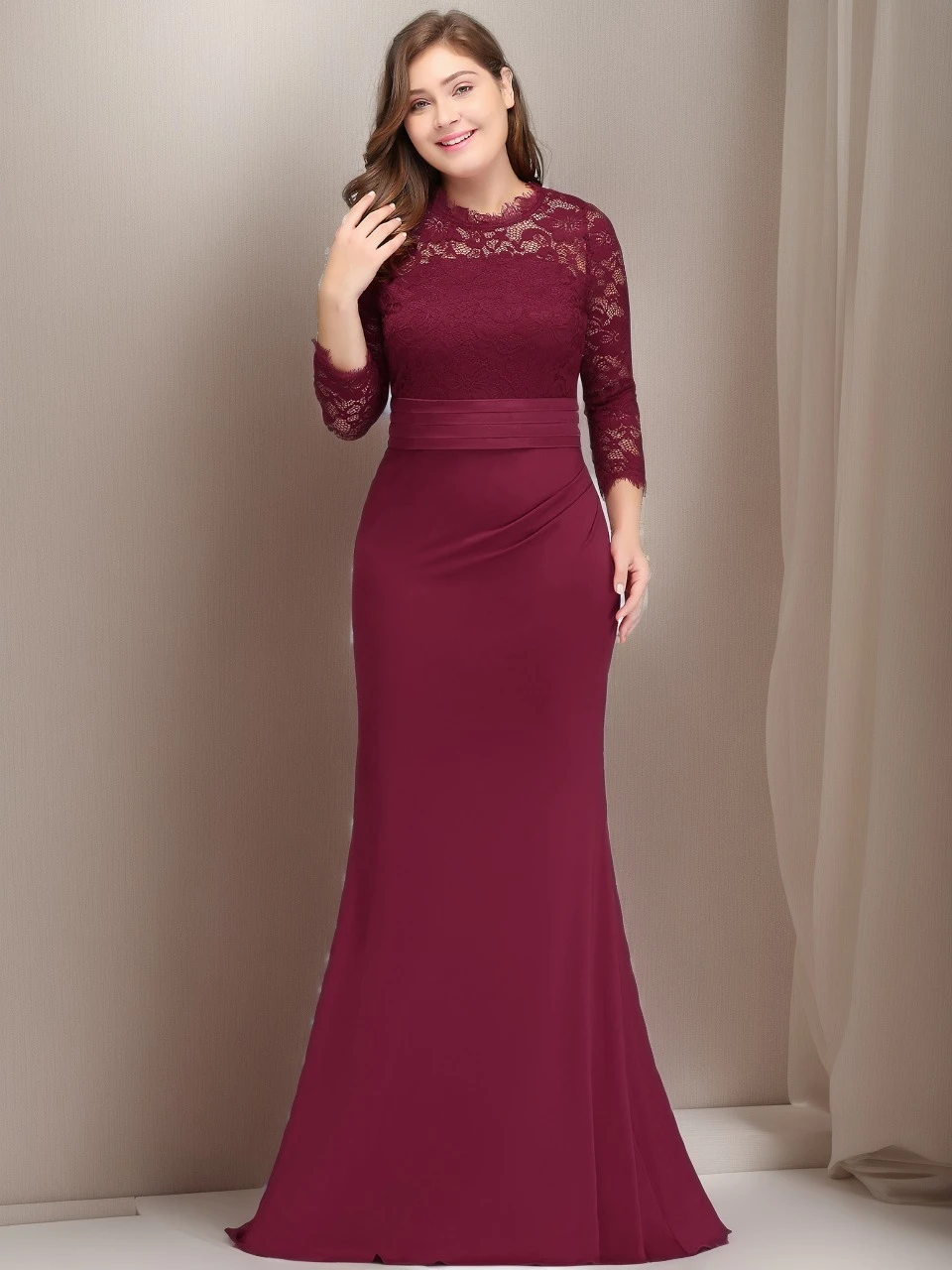 

MisShow Lace Mermaid Evening Dresses Burgundy Elegant 3/4 Sleeve Empire Prom Dress Formal Occasion Party Gowns Robe De Soiree