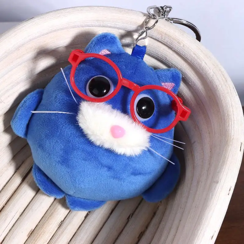 青い漫画の子猫のぬいぐるみキーリング、愛らしいぬいぐるみ猫人形、バッグペンダント、かわいいバックパックの装飾、完璧なギフトアイデア