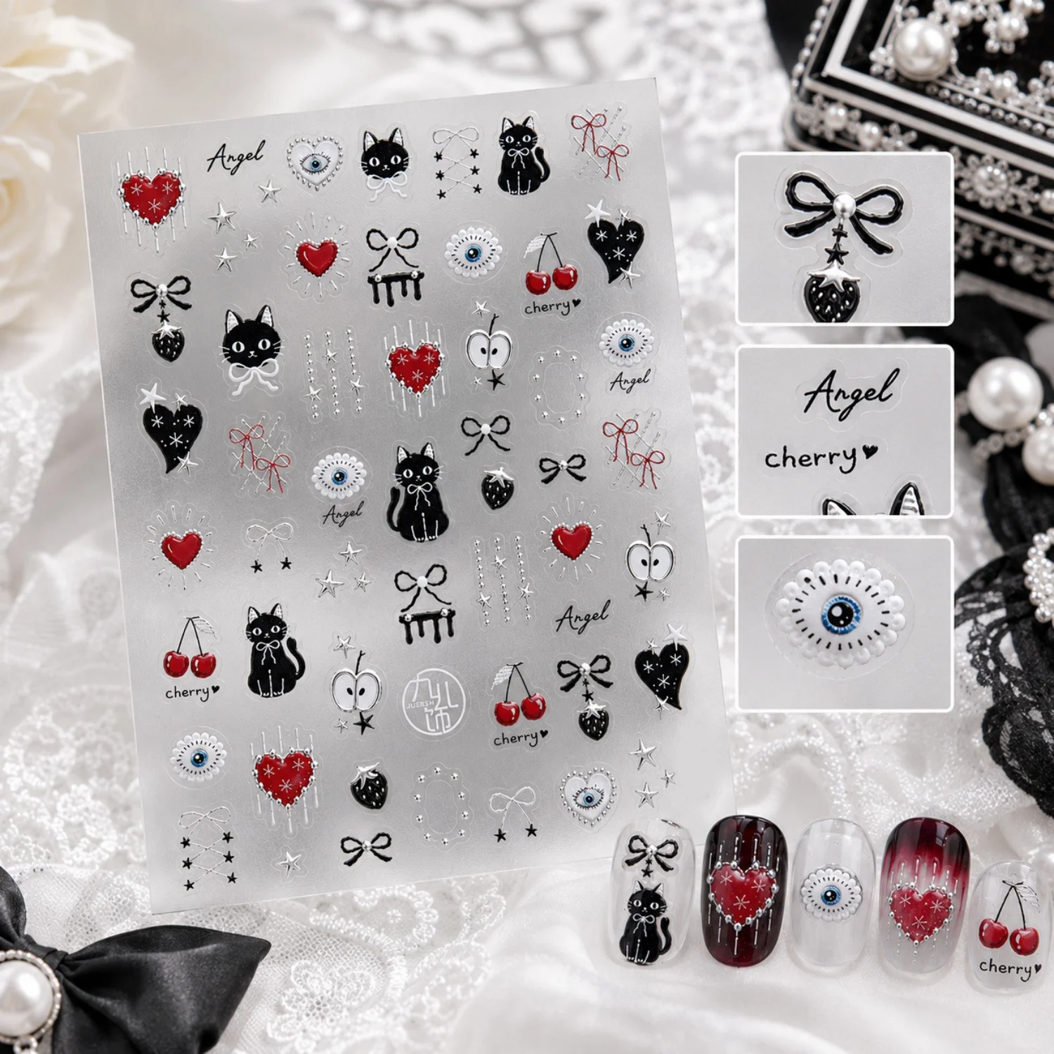 Schwarze Katze Kirsch-Gelee Cartoon Kätzchen Herz Kirsche Satin-Schleife Stern 5D Nagelaufkleber Süße Niedliche Selbstklebende Abziehbilder Maniküre-Dekoration