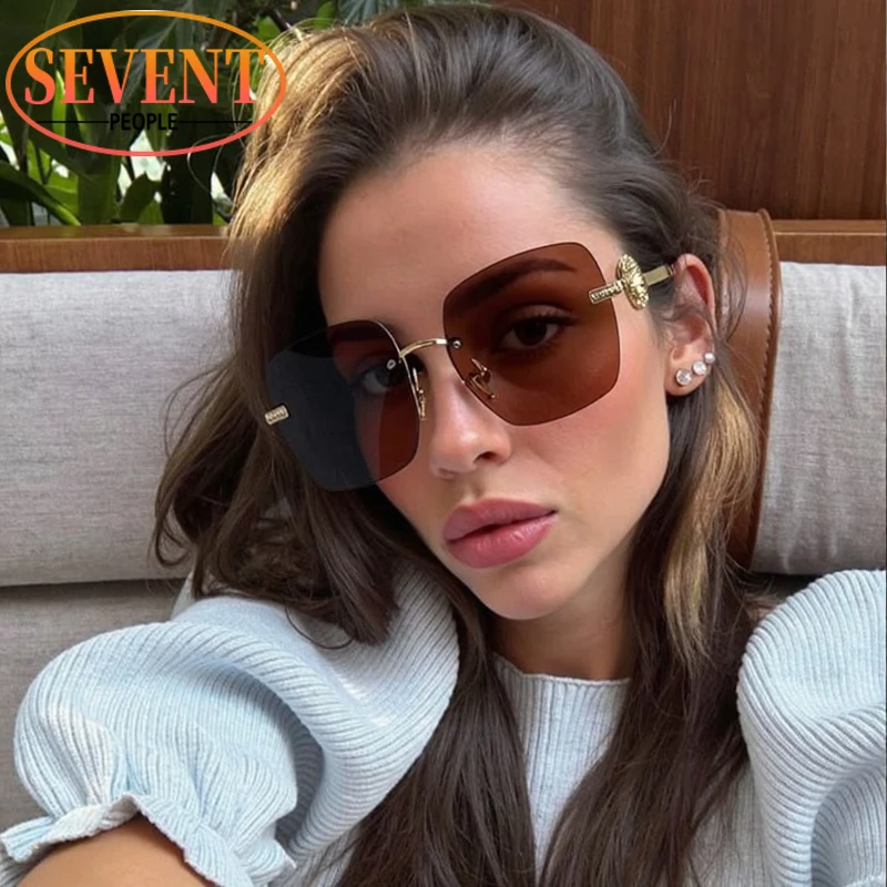 نظارات شمسية مربعة عصرية كبيرة الحجم بدون إطار 2025 ماركة فاخرة عتيقة Y2K بإطار معدني فاسق نظارة شمسية للسيدات بدون إطار