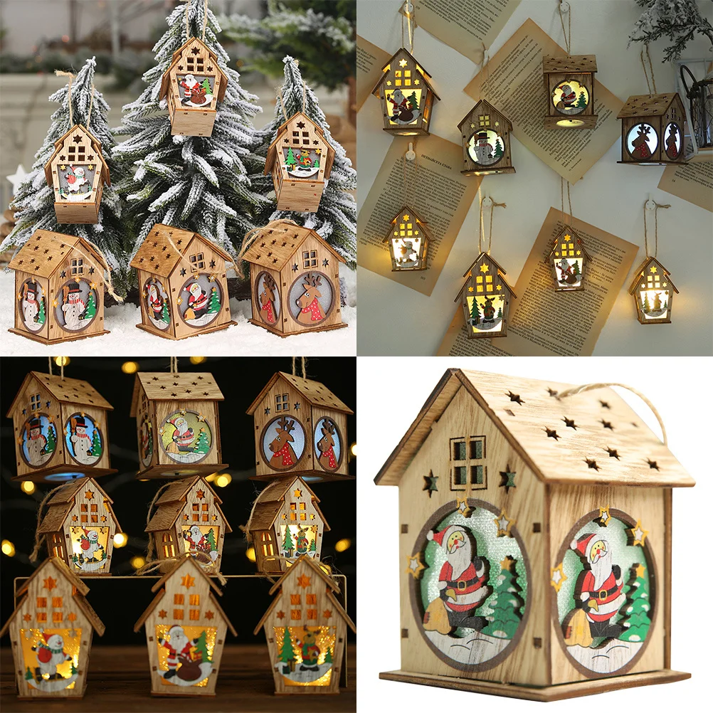 

Wooden Decoration Log Cabin Santa Claus Luminous Christmas Tree Pendant Hanging Ornament For Holiday Party Home Decor Wood Craft
