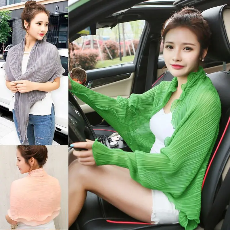 Summer New Women's Chiffon Sunshade Breathable Driving Versatile Pleated Shawl Silk Scarf Cycling Beachwear Cardigan Summer