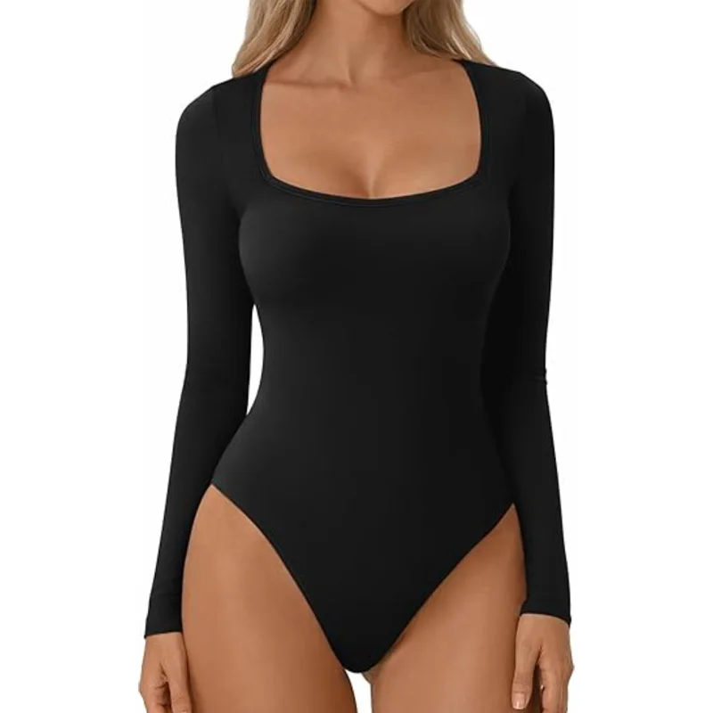 Dimmkof Long Sleeve Shaping Suit Square Ribbed Stretch Tops Belly Body Seamless Shaper Shapewear Thong Shirt Panties Top Suits