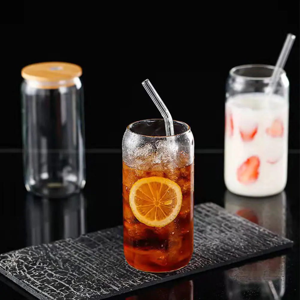 

2Sets Easy Open Can Glass Cups Multipurpose Straw Cups with Lids Household Beverage Glass Drinkware for Juice Cold Tea Coffee