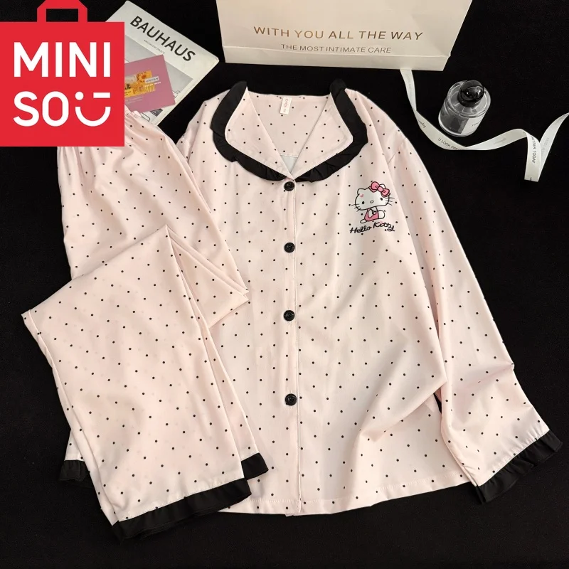 الكورية نمط مرحبا كيتي ملابس خاصة مجموعة النساء 2025 جديد لطيف دوت طباعة منامة طويلة الأكمام المتسكعون مطابقة الأسرة منامة نقطة