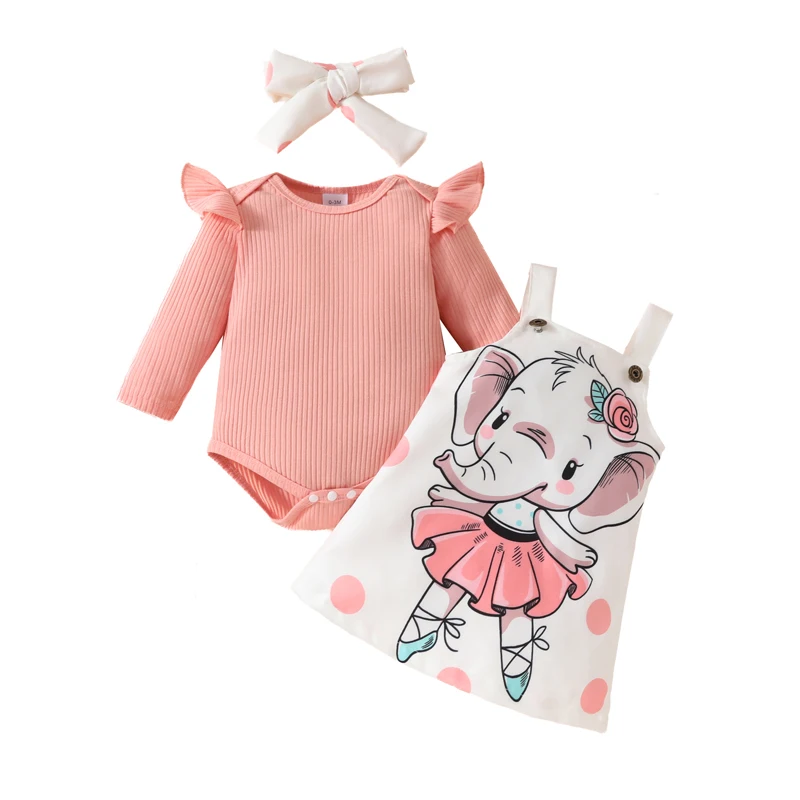 

Baby Girl Elephant Skirt Set Flying Sleeve Romper Cartoon Animal Print Suspender Dress Headband Autumn Clothes