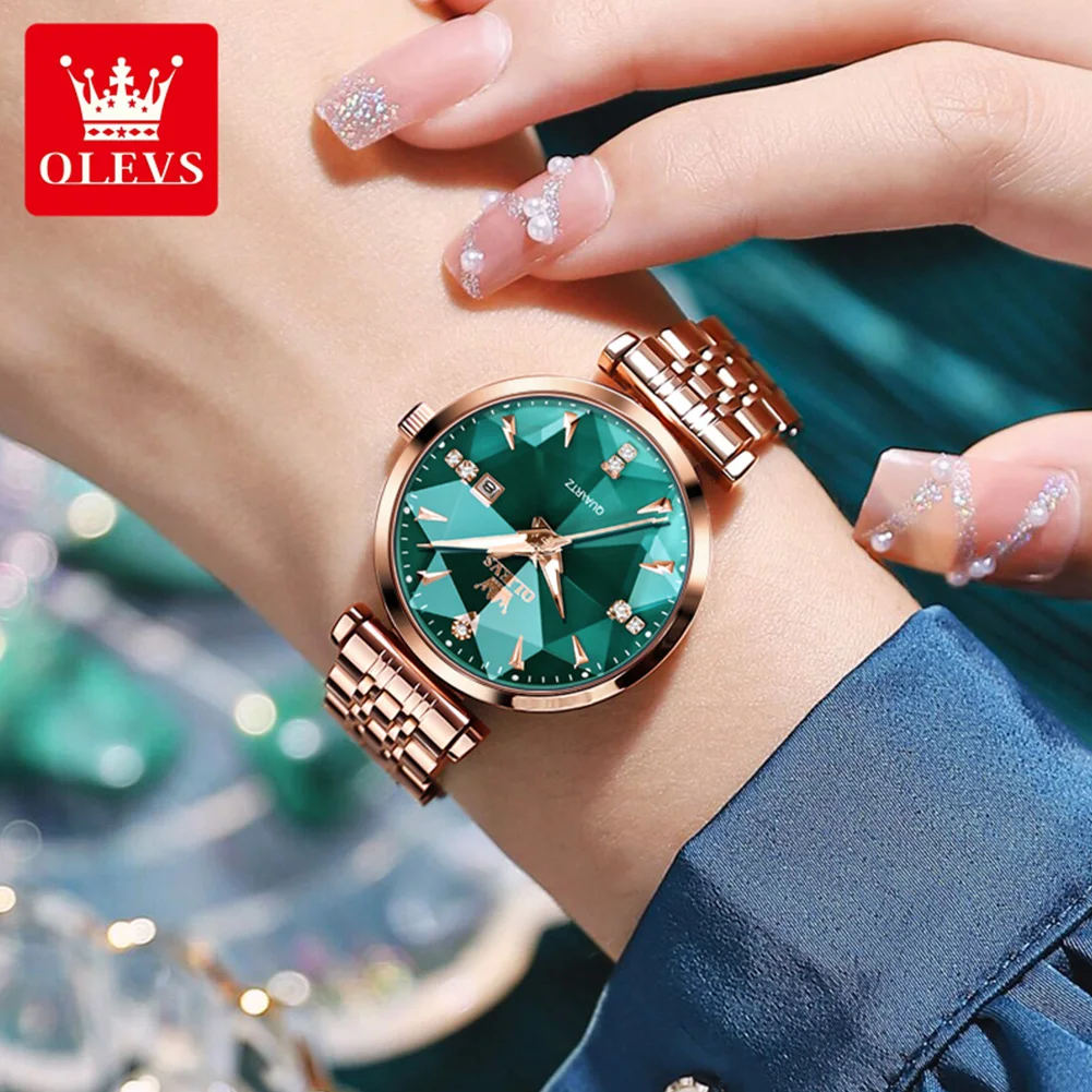 OLEVS Fashion Rhombus Mirror Green Quartz Womens Watches Top Brand Luxury Stainless Steel Waterproof Luminous Date Watch Women