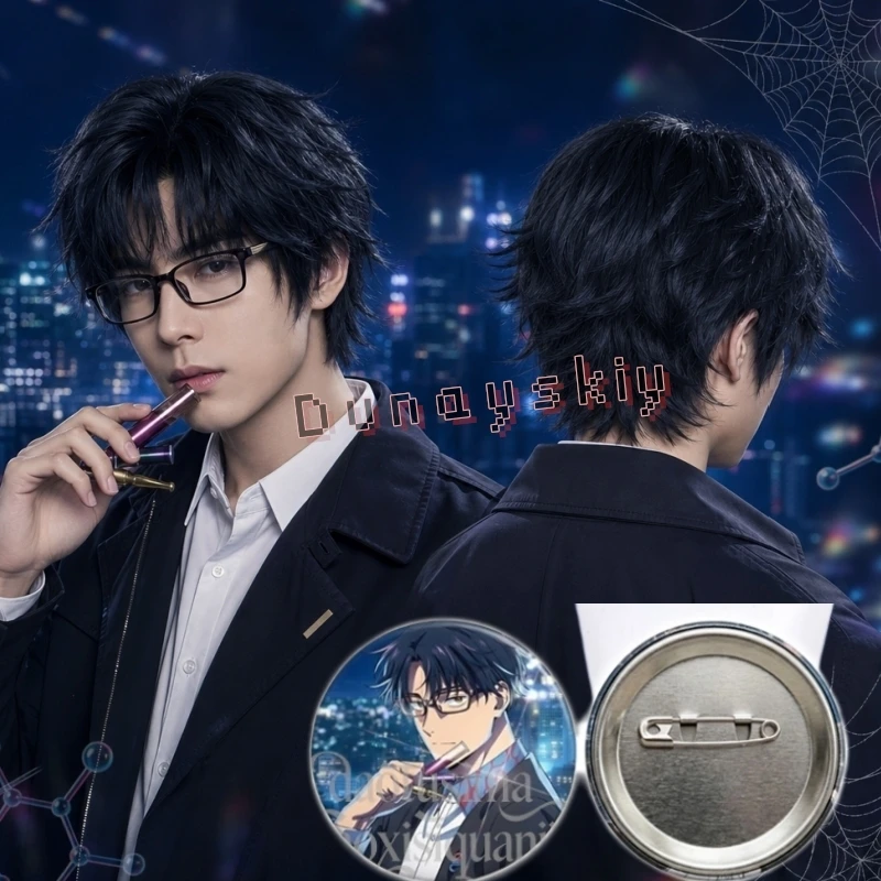 Pelucas de Cosplay de Anime MARRIAGETOXIN, 58mm, con Insignia HIKARU GERO, Pelucas Cortas Azules Oscuros con Puntas, Cabello Sintético, para Halloween, Navidad, Juego de Roles