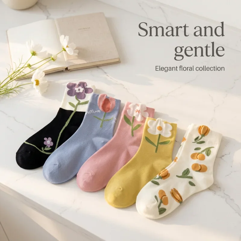Womens Cotton Floral Crew Socks Soft Breathable All Season Casual Socks for Daily Home Wear Cute Skin Friendly Durable Socks