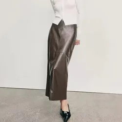 2024 Lady Luxury Vintage Skirt Women Elegant Outfits Real Leather Long Skirt Slim Fit Maxi Skirt with Split