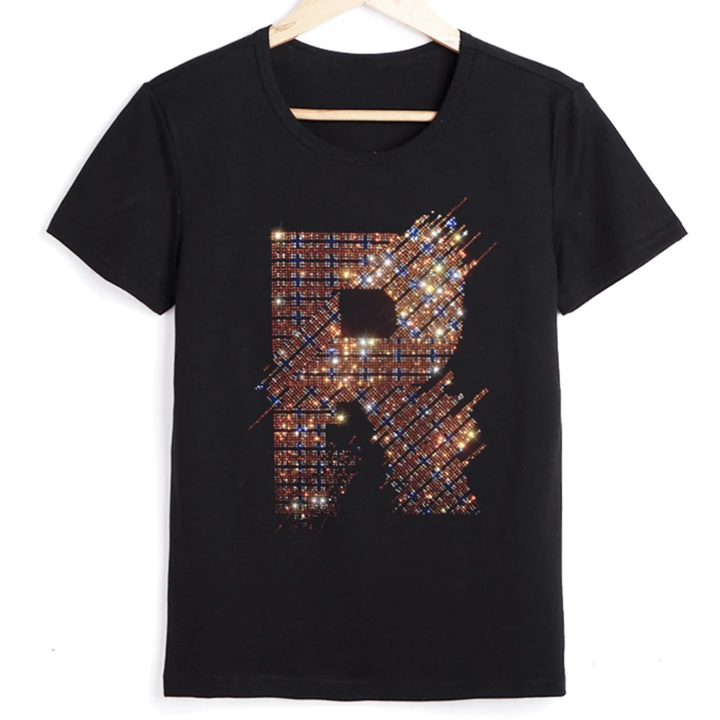 Crystal Diamond Print Letter Women's t-shirt 2022 Casual Top Women Short Sleeve Summer T-shirts Plus Size 5XL