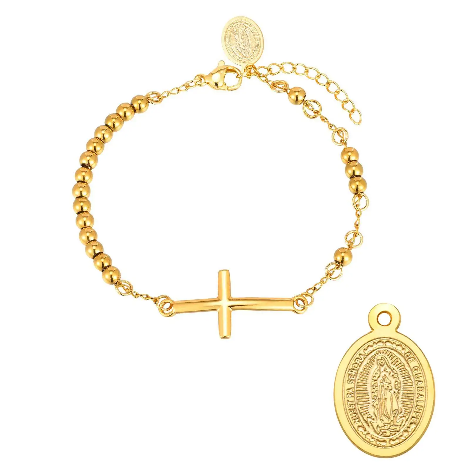 

Stainless Steel Virgin Mary Cross Pendant Bracelet Colorful Rice Bead Chain Bracelet , Rosary Religious Prayer Jewelry