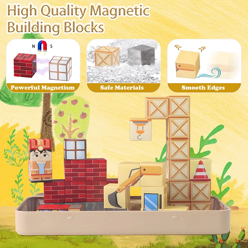 35 STKS Graafmachine Thema Magnetische Bouwsteen Magneet Kubus met Draagbare Ijzeren Doos STEM Zintuiglijke Reizen Speelgoed voor Kinderen Kerstcadeau